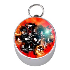 Black Skulls On Red Background With Sword Mini Silver Compasses