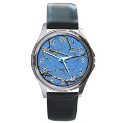 Leafless Tree Branches Against Blue Sky Round Metal Watches by dflcprints