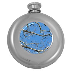 Leafless Tree Branches Against Blue Sky Round Hip Flask (5 Oz) by dflcprints