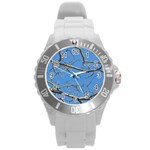 Leafless Tree Branches Against Blue Sky Round Plastic Sport Watch (L) Front