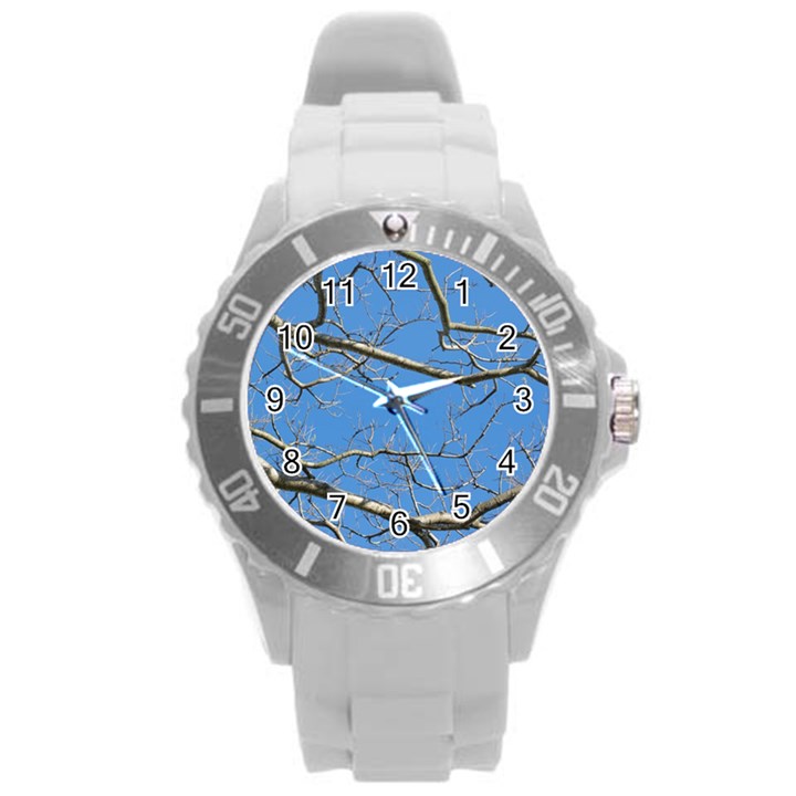 Leafless Tree Branches Against Blue Sky Round Plastic Sport Watch (L)