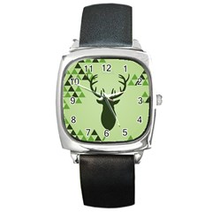 Modern Geometric Black And Green Christmas Deer Square Metal Watches