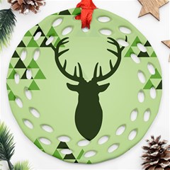 Modern Geometric Black And Green Christmas Deer Ornament (round Filigree) 