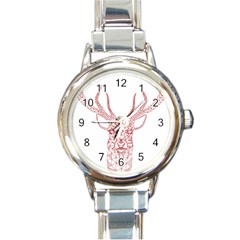 Modern Red Geometric Christmas Deer Illustration Round Italian Charm Watches