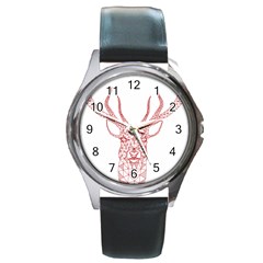 Modern Red Geometric Christmas Deer Illustration Round Metal Watches