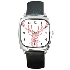 Modern Red Geometric Christmas Deer Illustration Square Metal Watches