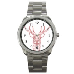 Modern Red Geometric Christmas Deer Illustration Sport Metal Watches