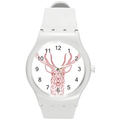 Modern Red Geometric Christmas Deer Illustration Round Plastic Sport Watch (m)