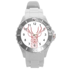 Modern Red Geometric Christmas Deer Illustration Round Plastic Sport Watch (l)