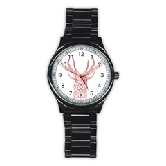 Modern Red Geometric Christmas Deer Illustration Stainless Steel Round Watches