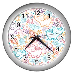 Cute Pastel Tones Elephant Pattern Wall Clocks (silver) 