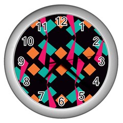 Shapes In Retro Colors  Wall Clock (silver) by LalyLauraFLM