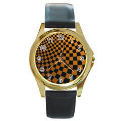 Abstract Square Checkers  Round Gold Metal Watches