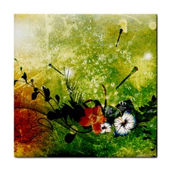 Awesome Flowers And Lleaves With Dragonflies On Red Green Background With Grunge Tile Coasters by FantasyWorld7