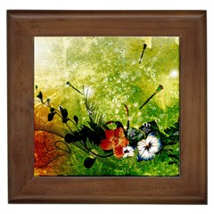 Awesome Flowers And Lleaves With Dragonflies On Red Green Background With Grunge Framed Tiles by FantasyWorld7