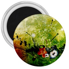 Awesome Flowers And Lleaves With Dragonflies On Red Green Background With Grunge 3  Magnets