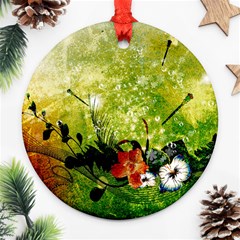 Awesome Flowers And Lleaves With Dragonflies On Red Green Background With Grunge Ornament (round) 