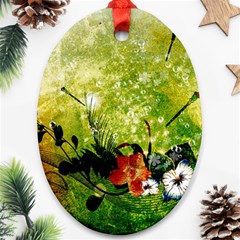 Awesome Flowers And Lleaves With Dragonflies On Red Green Background With Grunge Ornament (oval) 