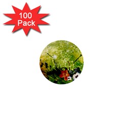 Awesome Flowers And Lleaves With Dragonflies On Red Green Background With Grunge 1  Mini Buttons (100 Pack) 