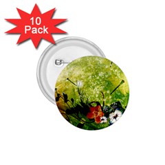 Awesome Flowers And Lleaves With Dragonflies On Red Green Background With Grunge 1 75  Buttons (10 Pack)