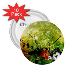 Awesome Flowers And Lleaves With Dragonflies On Red Green Background With Grunge 2 25  Buttons (10 Pack) 