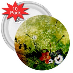 Awesome Flowers And Lleaves With Dragonflies On Red Green Background With Grunge 3  Buttons (10 Pack) 