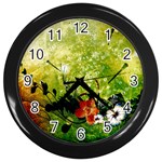 Awesome Flowers And Lleaves With Dragonflies On Red Green Background With Grunge Wall Clocks (Black) Front