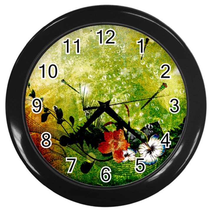 Awesome Flowers And Lleaves With Dragonflies On Red Green Background With Grunge Wall Clocks (Black)