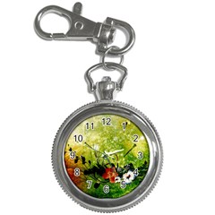 Awesome Flowers And Lleaves With Dragonflies On Red Green Background With Grunge Key Chain Watches by FantasyWorld7