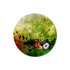 Awesome Flowers And Lleaves With Dragonflies On Red Green Background With Grunge Rubber Coaster (round)  by FantasyWorld7