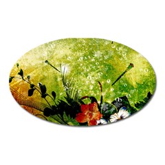 Awesome Flowers And Lleaves With Dragonflies On Red Green Background With Grunge Oval Magnet