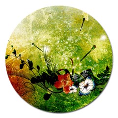 Awesome Flowers And Lleaves With Dragonflies On Red Green Background With Grunge Magnet 5  (round) by FantasyWorld7