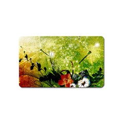 Awesome Flowers And Lleaves With Dragonflies On Red Green Background With Grunge Magnet (name Card) by FantasyWorld7