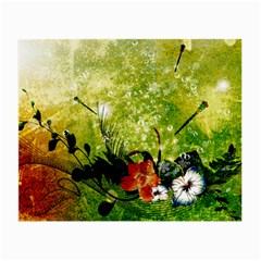 Awesome Flowers And Lleaves With Dragonflies On Red Green Background With Grunge Small Glasses Cloth