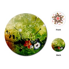 Awesome Flowers And Lleaves With Dragonflies On Red Green Background With Grunge Playing Cards (round) 