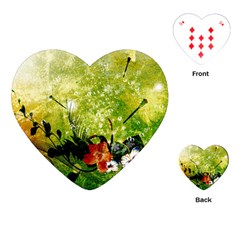 Awesome Flowers And Lleaves With Dragonflies On Red Green Background With Grunge Playing Cards (heart)  by FantasyWorld7