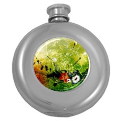 Awesome Flowers And Lleaves With Dragonflies On Red Green Background With Grunge Round Hip Flask (5 Oz) by FantasyWorld7