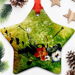 Awesome Flowers And Lleaves With Dragonflies On Red Green Background With Grunge Star Ornament (two Sides)  by FantasyWorld7