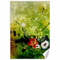 Awesome Flowers And Lleaves With Dragonflies On Red Green Background With Grunge Canvas 12  X 18  