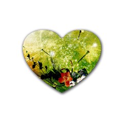 Awesome Flowers And Lleaves With Dragonflies On Red Green Background With Grunge Heart Coaster (4 Pack) 