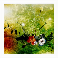 Awesome Flowers And Lleaves With Dragonflies On Red Green Background With Grunge Medium Glasses Cloth