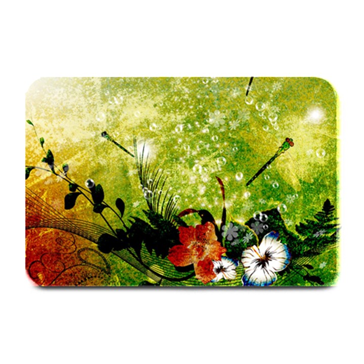 Awesome Flowers And Lleaves With Dragonflies On Red Green Background With Grunge Plate Mats