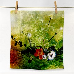 Awesome Flowers And Lleaves With Dragonflies On Red Green Background With Grunge Face Towel by FantasyWorld7