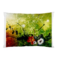 Awesome Flowers And Lleaves With Dragonflies On Red Green Background With Grunge Pillow Cases