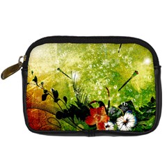 Awesome Flowers And Lleaves With Dragonflies On Red Green Background With Grunge Digital Camera Cases by FantasyWorld7