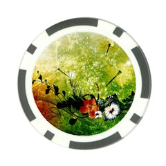 Awesome Flowers And Lleaves With Dragonflies On Red Green Background With Grunge Poker Chip Card Guards (10 Pack)  by FantasyWorld7