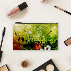 Awesome Flowers And Lleaves With Dragonflies On Red Green Background With Grunge Cosmetic Bag (small)  by FantasyWorld7