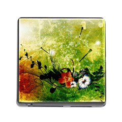 Awesome Flowers And Lleaves With Dragonflies On Red Green Background With Grunge Memory Card Reader (square) by FantasyWorld7