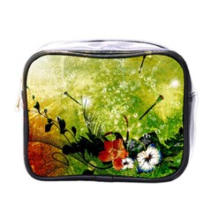 Awesome Flowers And Lleaves With Dragonflies On Red Green Background With Grunge Mini Toiletries Bags by FantasyWorld7