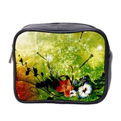 Awesome Flowers And Lleaves With Dragonflies On Red Green Background With Grunge Mini Toiletries Bag 2-side by FantasyWorld7